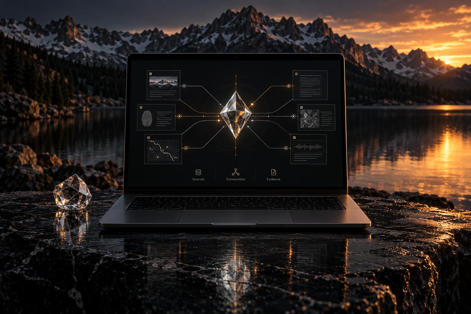 DiamondSIG intelligence network concept on a laptop beside an alpine lake